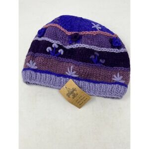 NWT Cheveaux Woolen Beanie Hat Hand Made in Nepal Lined Purple